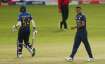 Chetan Sakariya, right, celebrates the dismissal of Sri Lanka's Bhanuka Rajapaksa