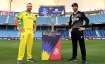 Rival captains Aaron Finch of Australia and Kane Williamson of New Zealand pose with the T20 World C