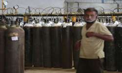 Oxygen cylinders are seen before they are delivered to