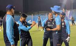 MS Dhoni with Team India coaching staff in Dubai.