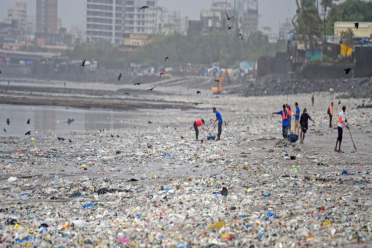  
Brihanmumbai Municipal Corporation (BMC) workers clear the garbage washed ashore after a high tide on Mahim beach, in Mumbai on Saturday.