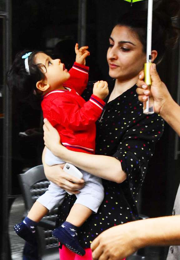The little munchkin was spotted today with mother Soha Ali Khan in Bandra.