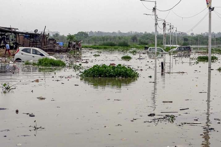Vehicles stuck in the flood waters of Yamuna River at