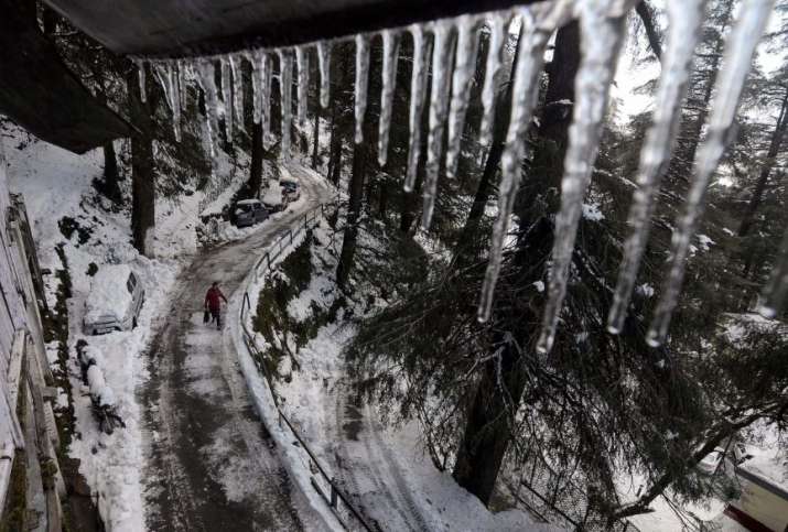 Shimla: Icicles hang from the roof of a building on a cold