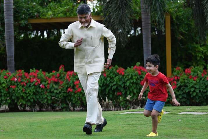 Andhra Pradesh Chief Minister Chandrababu Naidu with his
