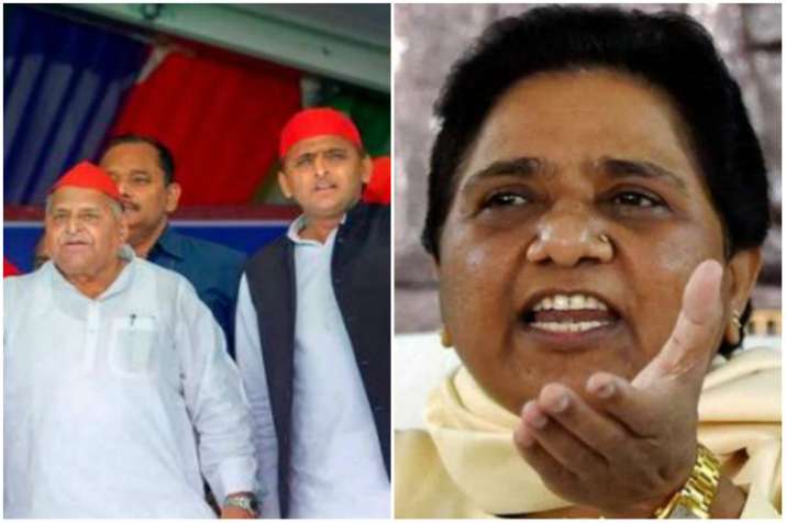 Mulayam Singh Yadav with son Akhilesh Yadav and Mayawati