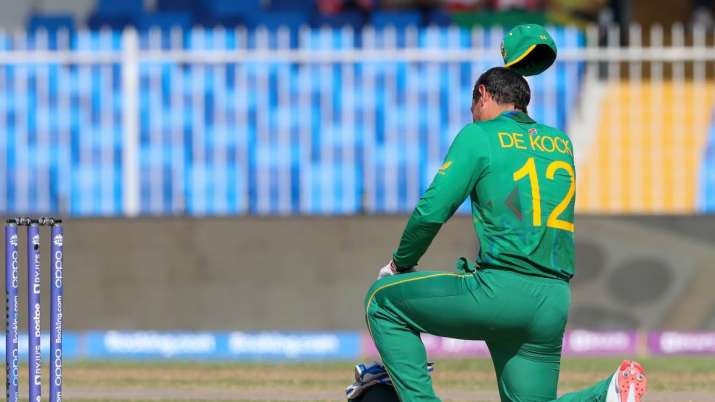 South Africa's Quinton de Kock kneels in support of the Black Lives Matter movement.