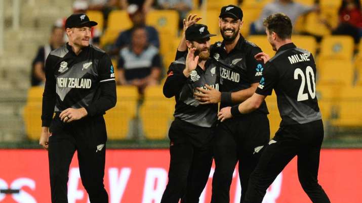 New Zealand players celebrates the wicket of Jonny Bairstow of england during the T20 World Cup.