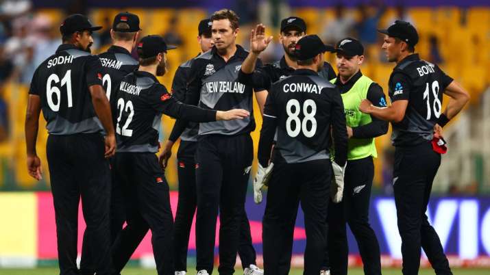 Tim Southee of New Zealand celebrates the wicket of Dawid Malan during the ICC Men's T20 World Cup.